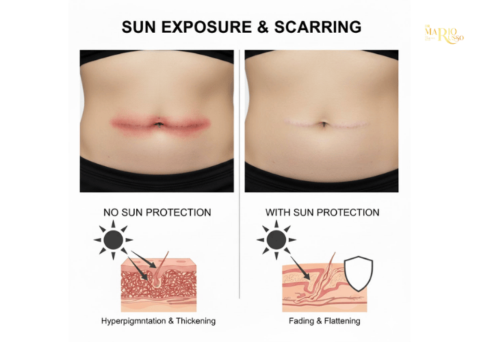 tummy tuck scar if exposed to sun vs not exposed to sun
